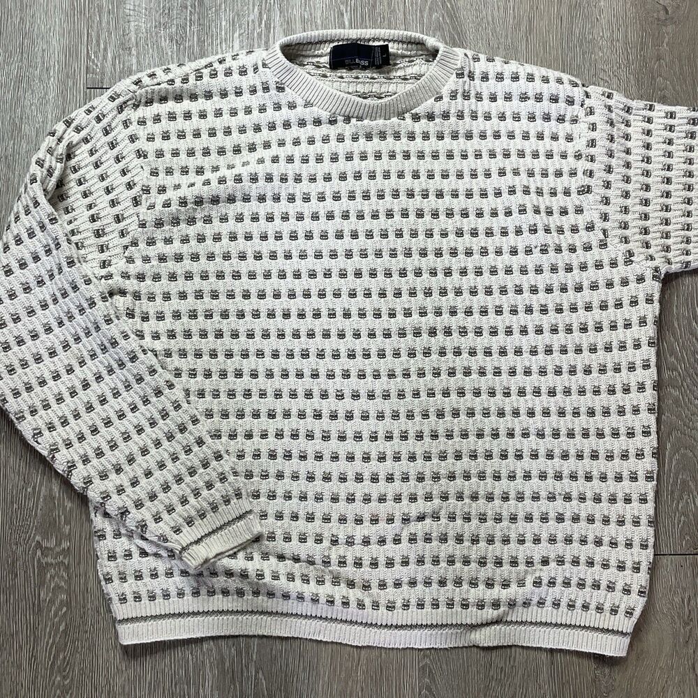 Bill Blass Long Sleeve Sweater Crew Neck 100% Cotton Cream Mens Size Large VTG